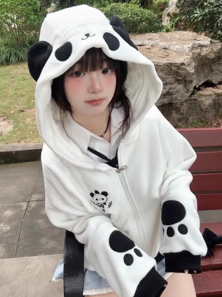 Cartoon Panda Embroidery Polar Fleece Hoodies Jackets Women Casual Loose Zipper Sweatshirts Y2k Aesthetic Japanese Grunge Tops