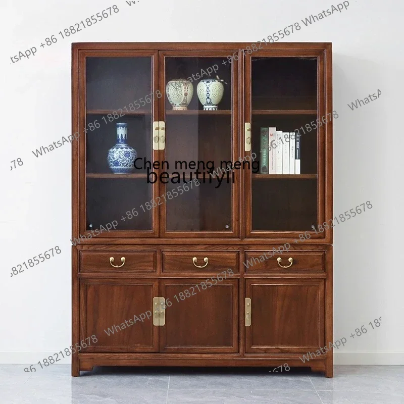X f4567New Chinese solid wood antique glass cabinet study furniture living room display, elm, mortise and tenon structure bookca