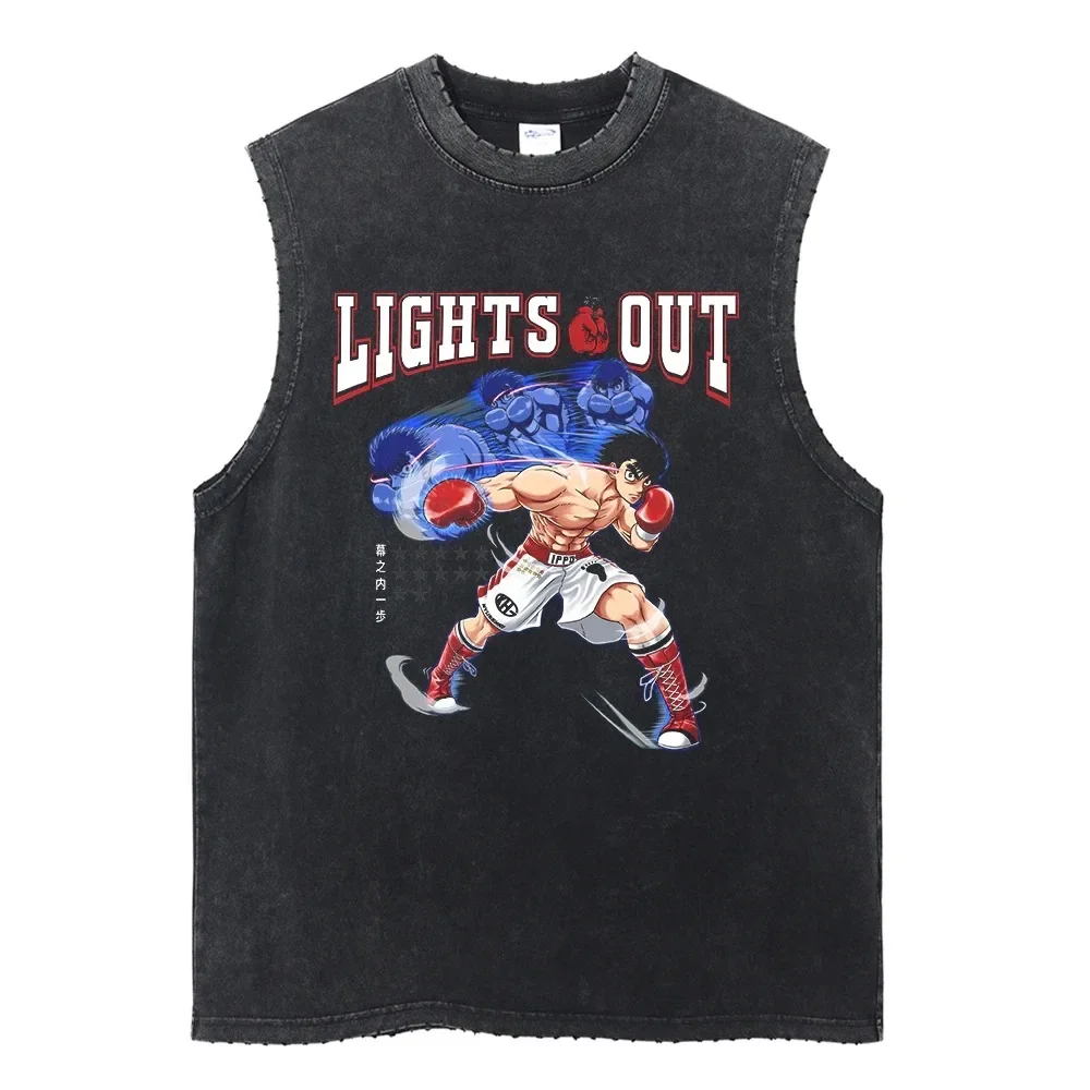 2026 Distressed Mens Sleeveless Vest Hajime No Ippo Vintage Boxing Anime Bodybuilding Lights Out Graphic Casual Cotton Tank Top
