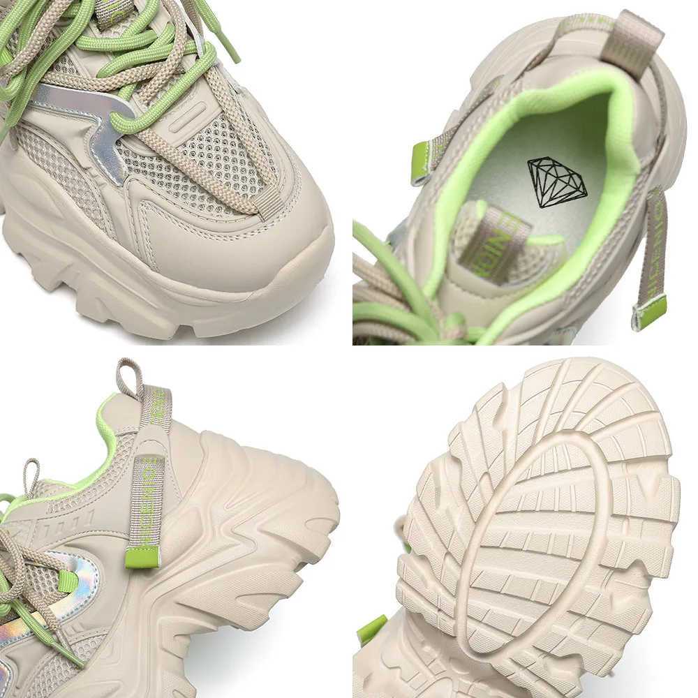 SOMILISS Women Chunky Sneakers Genuine Leather Mesh Round Toe Lace Up Ladies Breathable Fashion Platform Casual Shoes Handmade