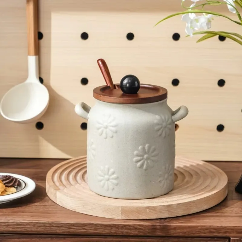 Coarse Pottery Daisy Wooden Cover Pig Oil Tank Household Pepper Oil Tank Salt Tank with Cover Clay Relief Seasoning Tool