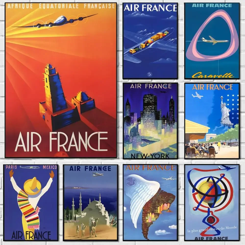 Travel Poster Vintage Air France Travel Poster Self-adhesive Art Waterproof Paper Sticker Coffee House Bar Room Wall Decor