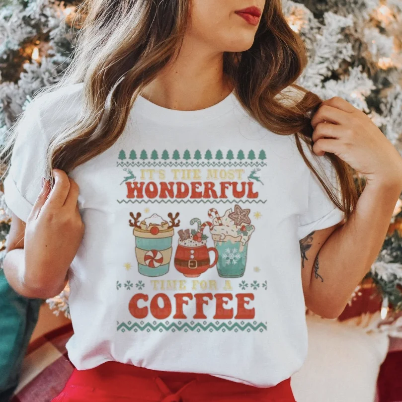 Women's Fashion Coffee Cup Pattern T-Shirt Printed Cartoon Shirt Women's Christmas Cute 90s Short Sleeve Casual T-Shirt Top