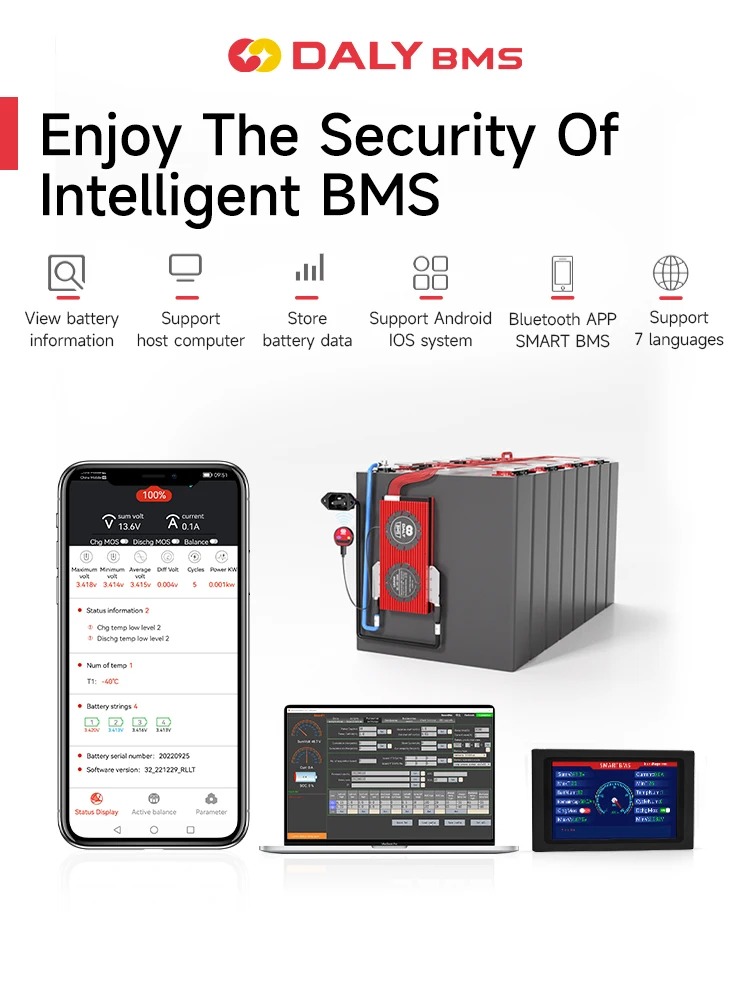 Daly BMS 블루투스 및 밸런서 포함 최신 2024 와이파이 100A, Lifepo4 배터리 3.2V 4S 12V 8S 24V 16S 48V BMS