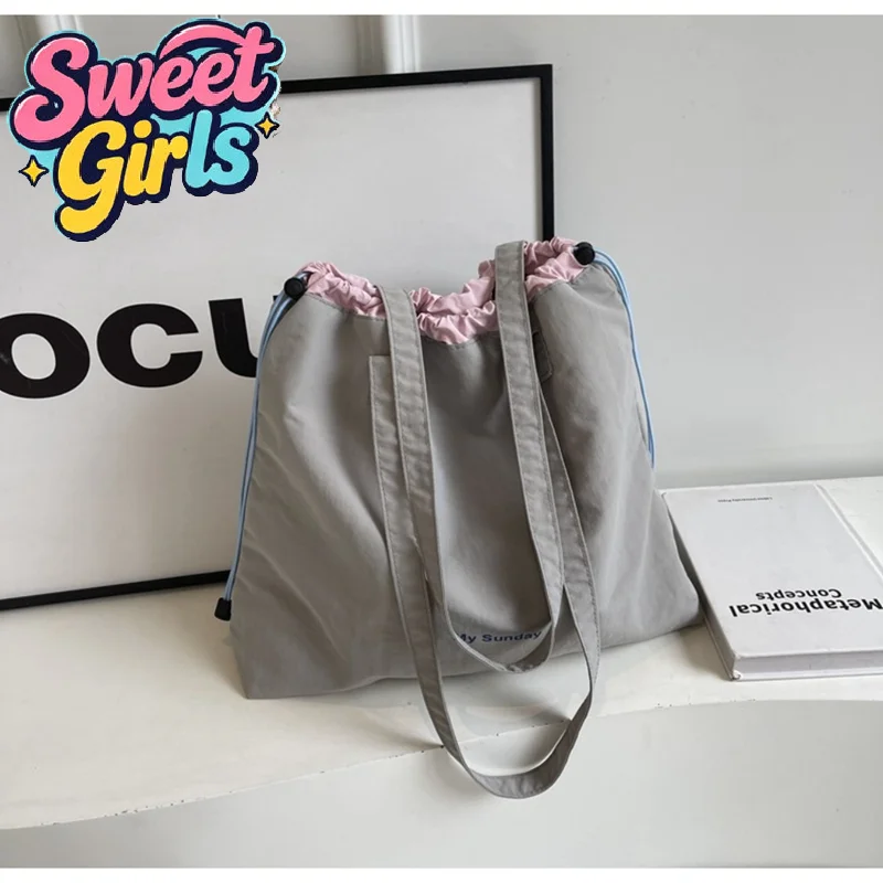 

Fashion Large Capacity Tote Bag Canvas Lightweight Shoulder Bag Drawstring Women Handbag Female Daily Shopping Bags