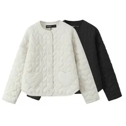 New Trendy Korean Version Lightweight Round Neck Loose Warm Heart Patterned Long Sleeved Cotton Jacket