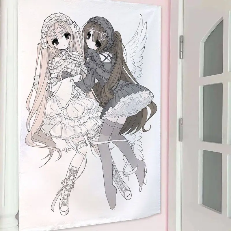 VIKAMA Cute Line Art Anime Girl Tapestry Kawaii Butterfly Angel Wings Lamb Bow Rose Wall Hanging Aesthetic Bedroom Dorm Decor