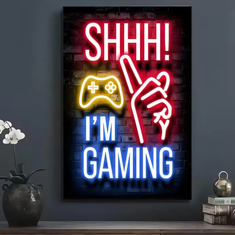 Neon-Style SHHH I’M GAMING Wall Art - Game Controller & Shushing Hand Design, Vibrant Neon Colors, Metal Tin Poster for Gaming R