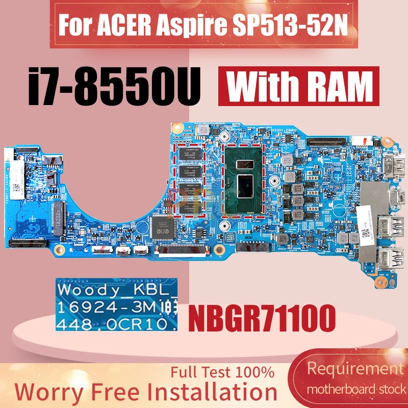 16924-3M For ACER Aspire SP513-52N Laptop Motherboard NBGR71100 SR3LC Core i7-8550U With RAM Notebook Mainboard Full Tested