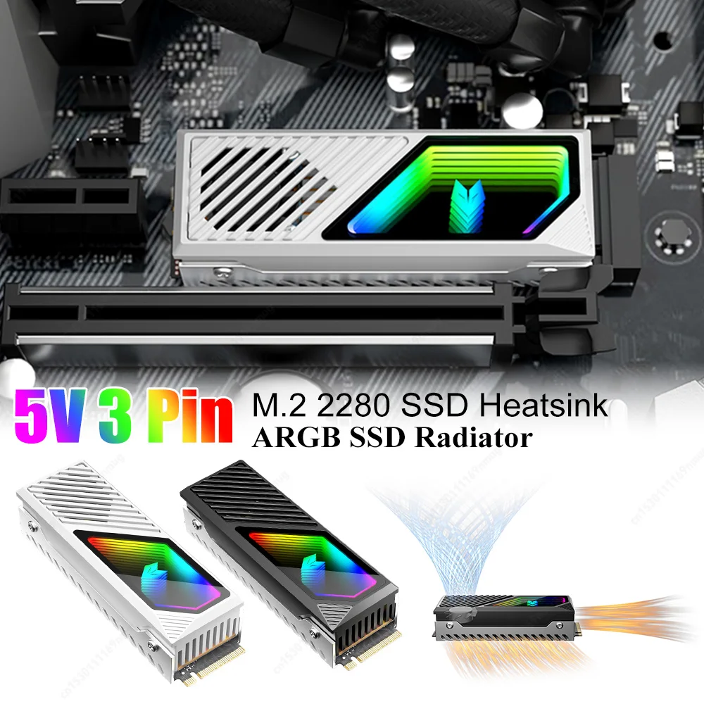 

Радиатор для SSD M.2 2280 из алюминиевого сплава с термопрокладкой, 5В, 3-контактный ARGB, встроенный вентилятор, кулер для SSD M.2