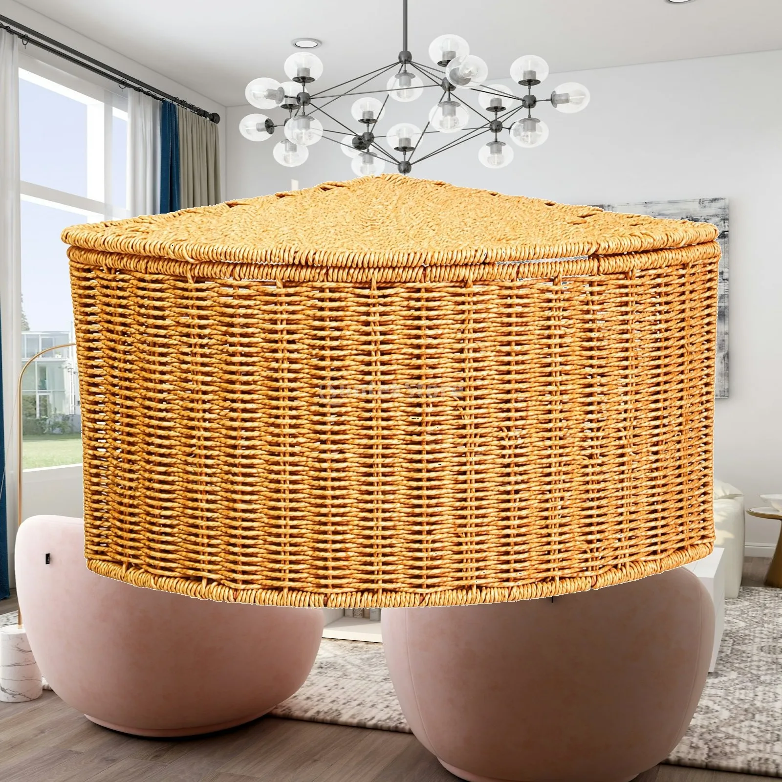 Corner Storage Organizer with Lid Braided Rattan Basket for Living Room Bedroom Closet Plastic Container Box for Toys Linens