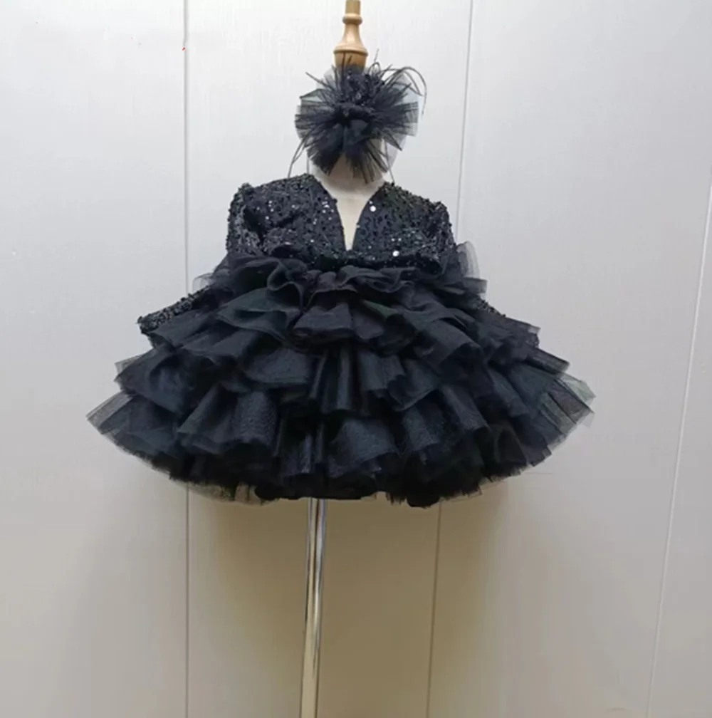 بريق الشمبانيا زهرة فتاة فساتين الترتر طفلة فستان مربع منتفخ فساتين للفتيات الاطفال ثوب حفلة عيد ميلاد #6