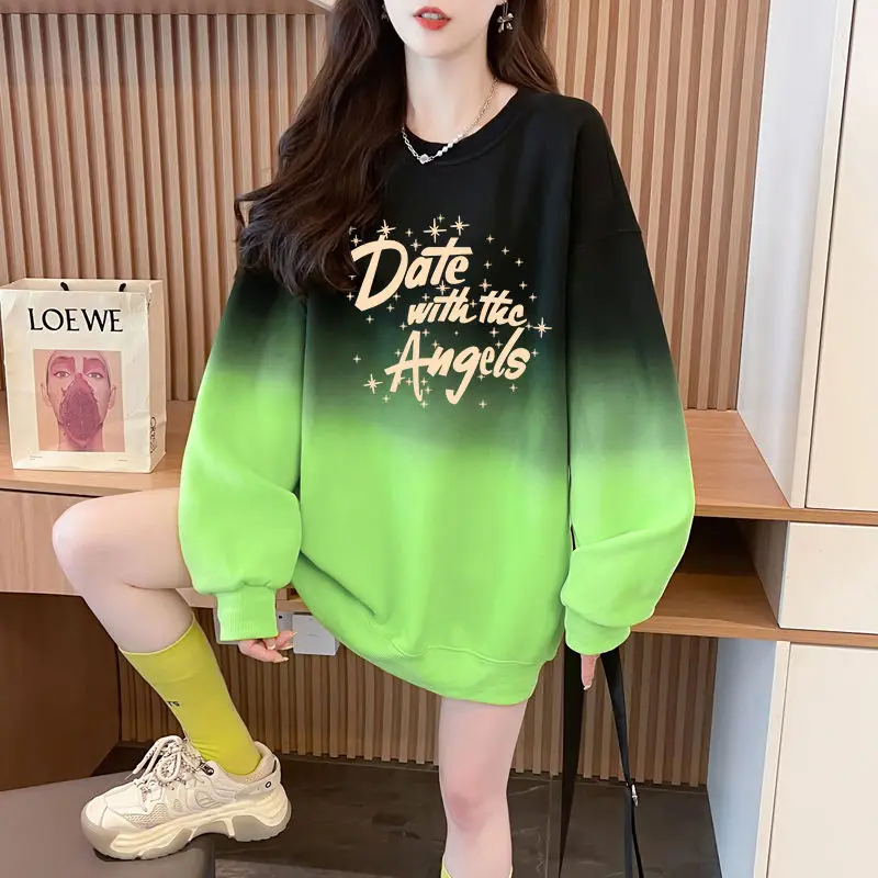 American 2024 Spring Autumn Women\'s New Splicing Printed Letter Fashion Versatile Medium Long Loose Gradient Long Sleeve Hoodie