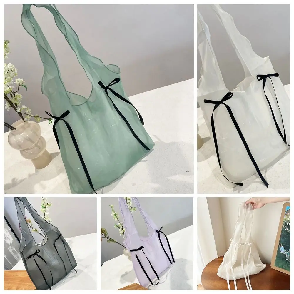 Borsa a tracolla in rete di grande capacità di moda borsa a tracolla trasparente dolce in stile coreano con fiocco in tinta unita