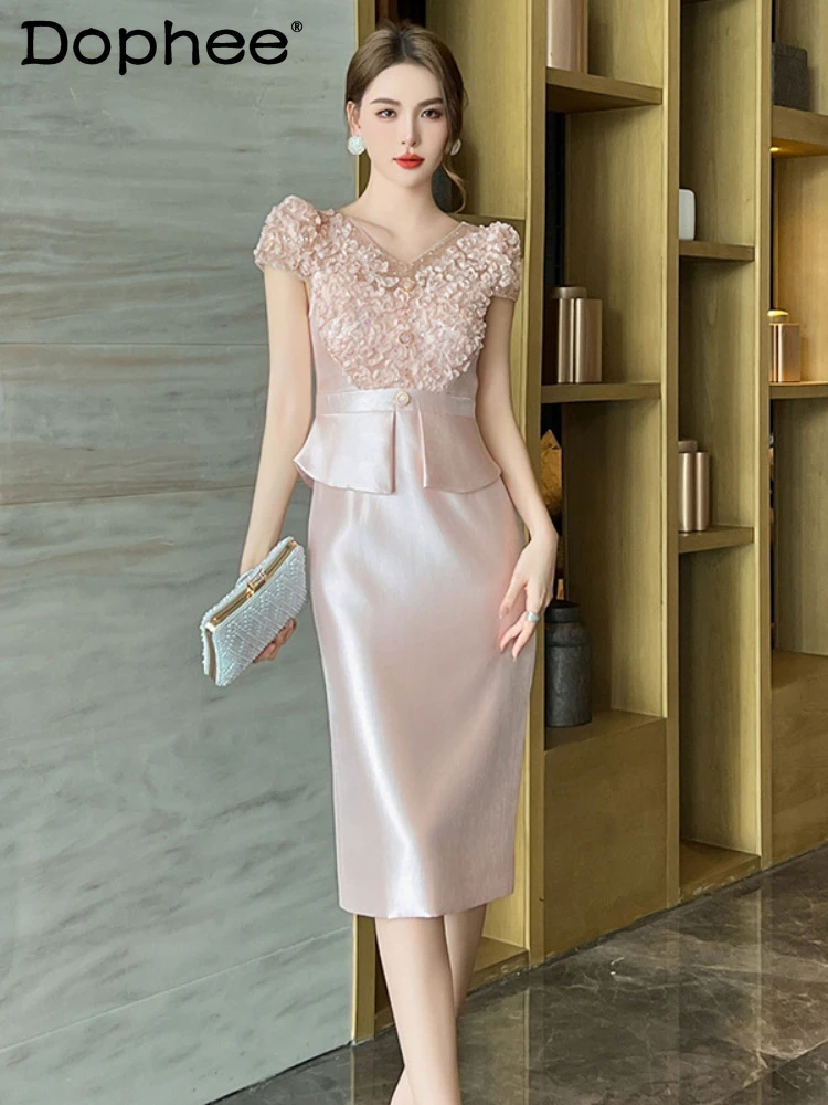 

Elegant Graceful V-neck Sequins Short Sleeve Sheath Dress Women 2024 Summer New Office Lady Lace Stitching Fake Two Pieces Dress