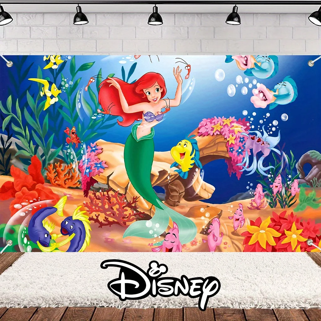 1pc Disney Little Mermaid Theme Birthday Party Background Cloth Banner Suitable For Baby Birthday Photography Decoration Props