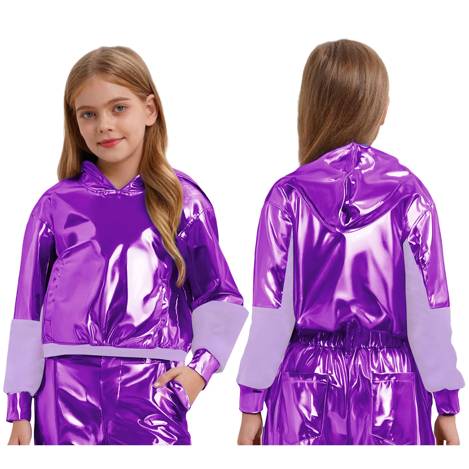 

Children Hip Hop Jazz Street Dance Performance Hoodies Metallic Shiny Long Sleeve Hooded Pullover Sweatshirts Rave Party Outfit