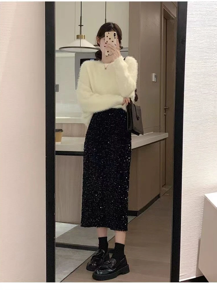 

Темпераментные юбки Jupe, модные бархатные черные юбки для женщин, 2025 Faldas Mujer De Moda, шикарная облегающая юбка с высокой талией Saia и пайетками, разделенная юбка