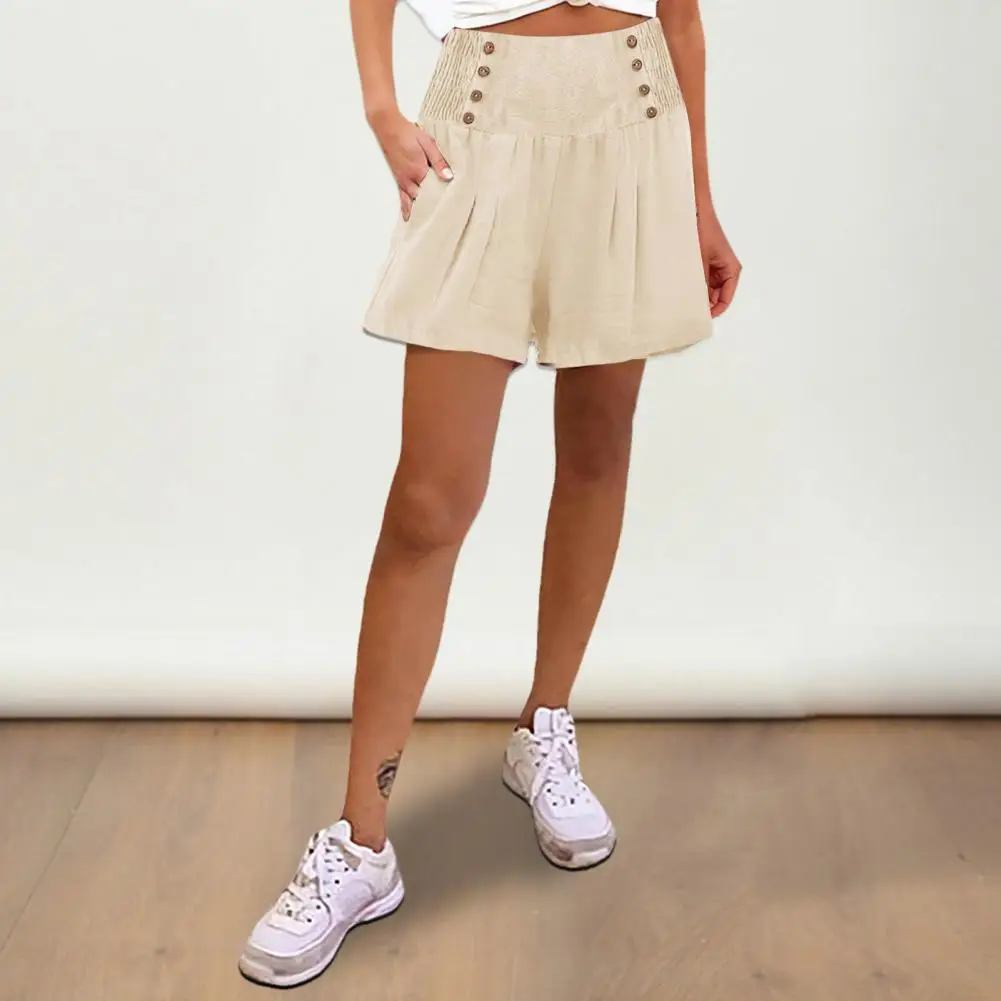 

Women Casual Shorts Stylish High Waist Women's Shorts with Pleated Button Detail A-line Cut Side Pockets for Casual Outings