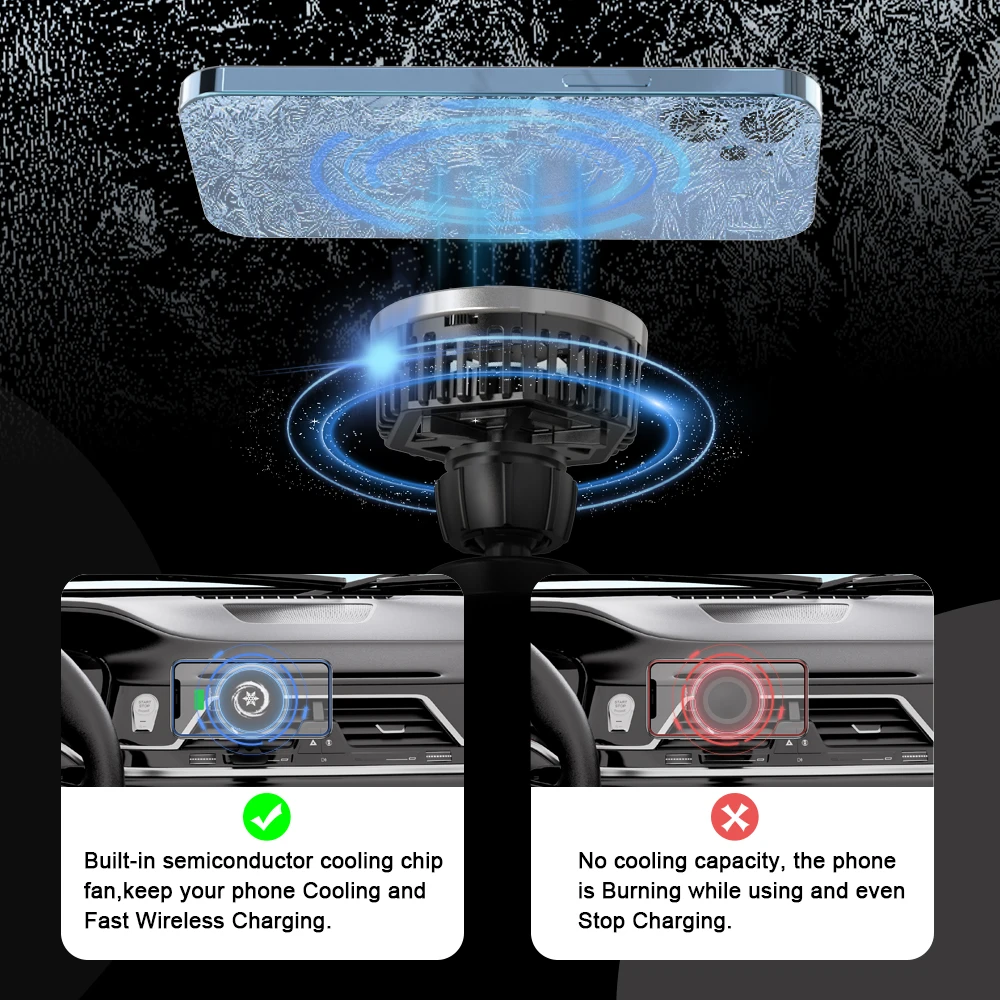 Multifunction 2 in 1 Built in Ice Cooling Sensor Smart 15W Magnetic Wireless Car Charger Mount  for iphone 14/13  Car Air Vent