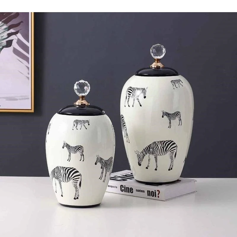 European Zebra Pattern Ceramic Storage Jar Flower Vase Living Room Art Decoration Grain Candy Sealed Home