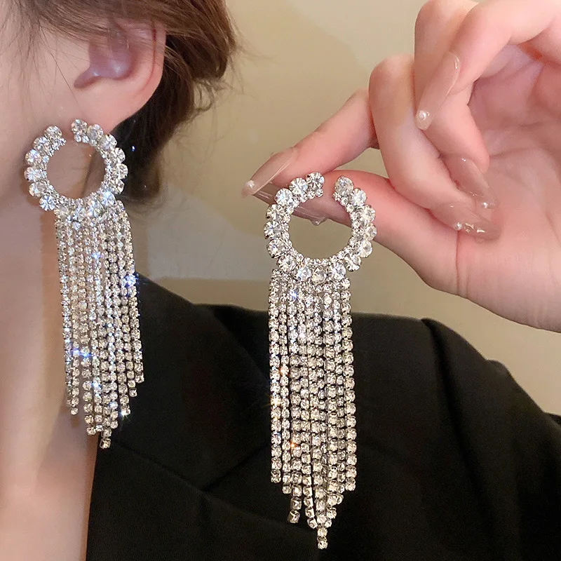 Trendy Luxury Geometric Rhinestone Crystal Drop Earrings Oversize Long Tassel Earrings for Women Statement Wedding Jewelry Gifts