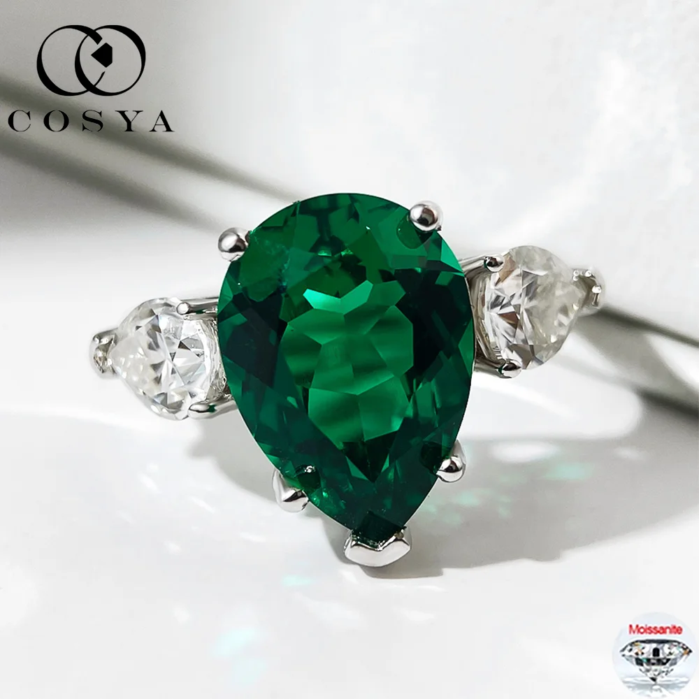 

COSYA 6CT 10*14mm Lab Grown Zambian Emerald/Ruby Ring for Women D Color Moissanite Wedding 3 stone Band Fine Jewelry