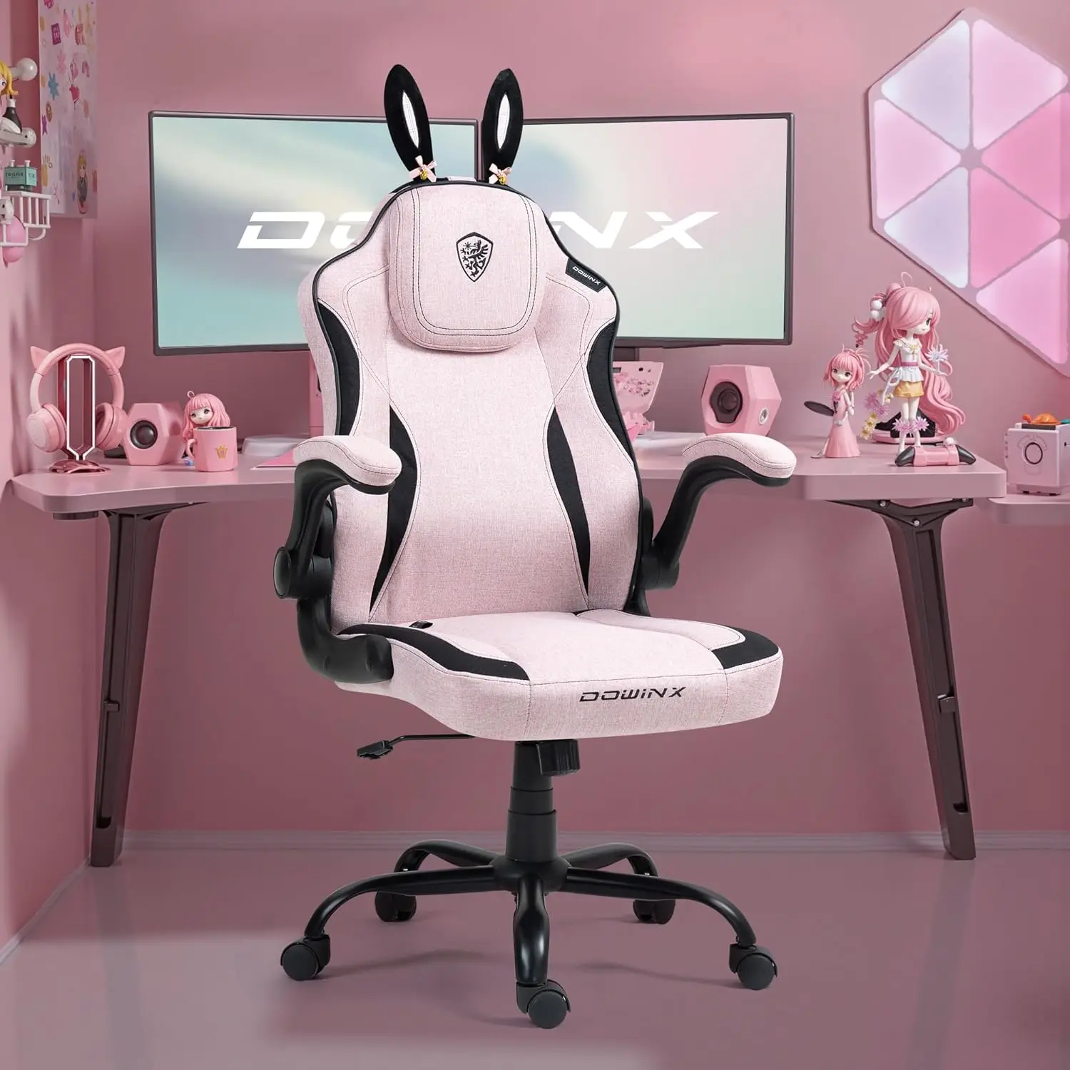 

Gaming Chair with Removable Cute Bunny Ears, Desk Game Chair Adiustable Height Cloth for Girl, Ergonomic Computer Chair