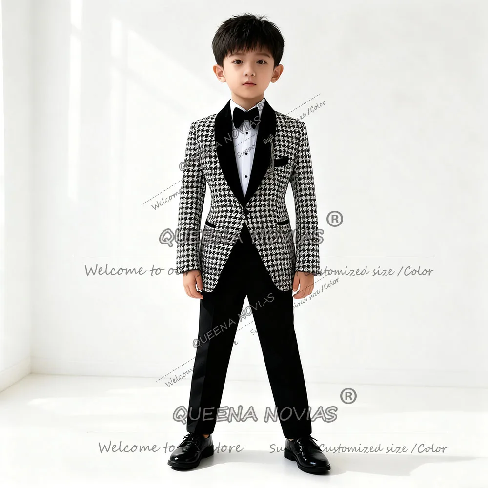 

Classic Houndstooth Plaid Boy Suit Attire For Wedding Black Shawl Lapel Blazer Pants 2 Pieces Children Formal Partyu Tuxedo 2025