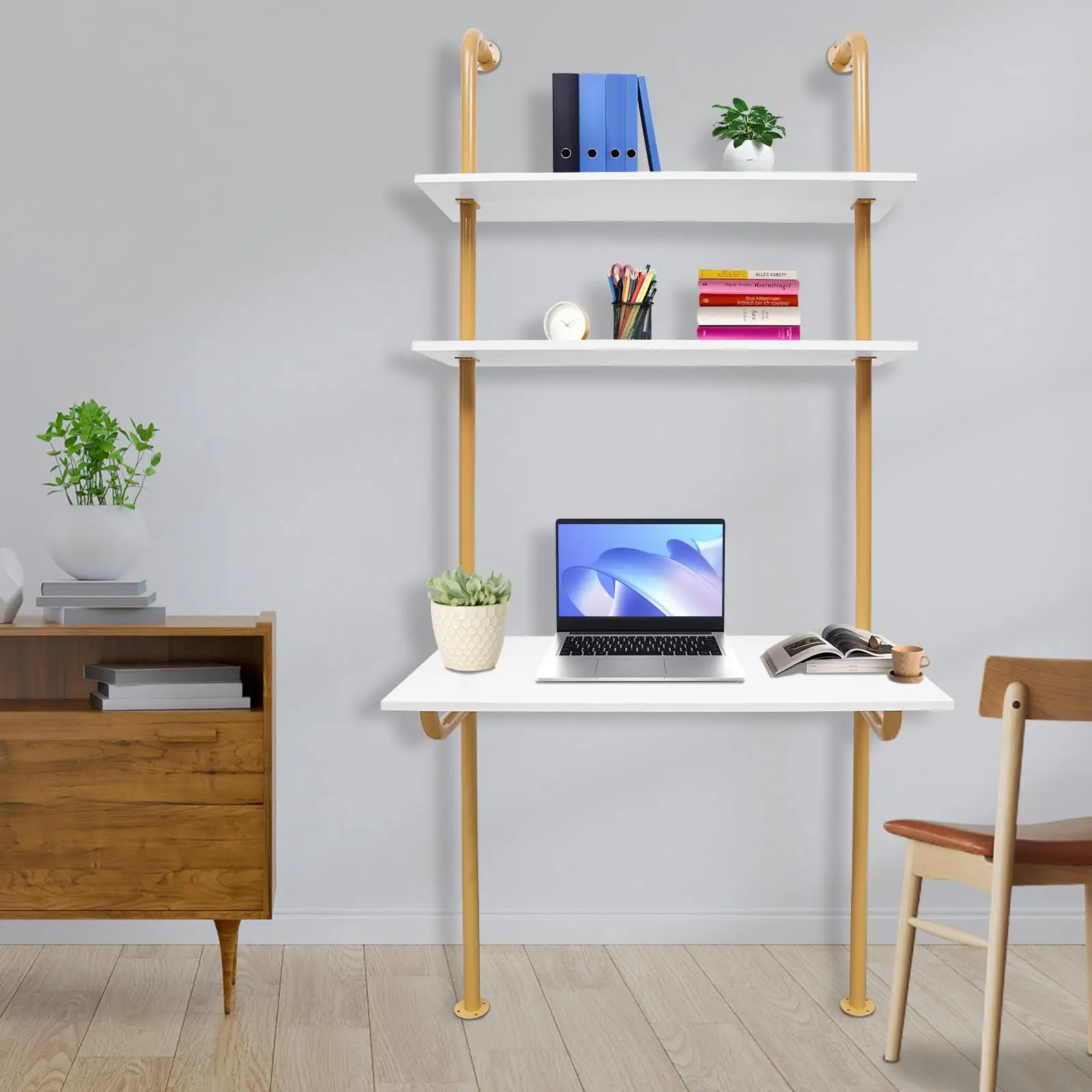 2段工業用壁掛けはしご、壁掛けコンピュータデスクライティングデスク、棚付き工業用本棚デスク、フローティングデスクW