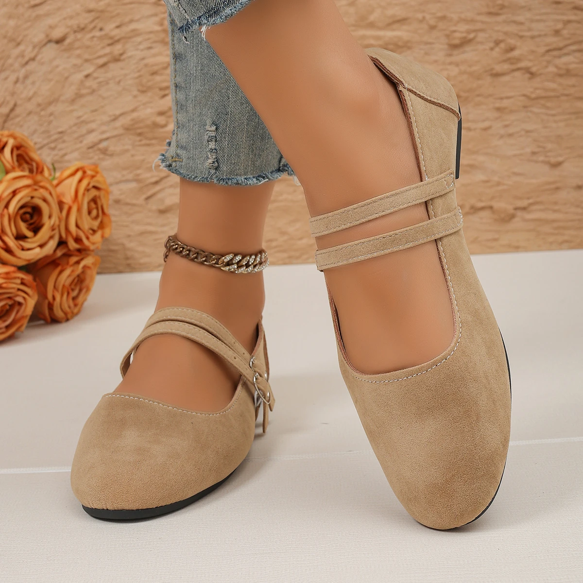 Damen Mary Jane Ballerinas mit doppeltem Riemen, runder Zehenpartie und weicher Sohle, Freizeitschuhe – Detail 4