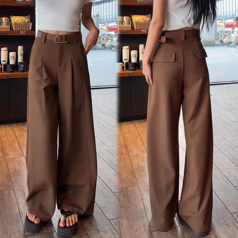 2025 outono novo high-end casual com cinto calças de perna larga mulheres cintura alta e sensação caída calças de perna reta