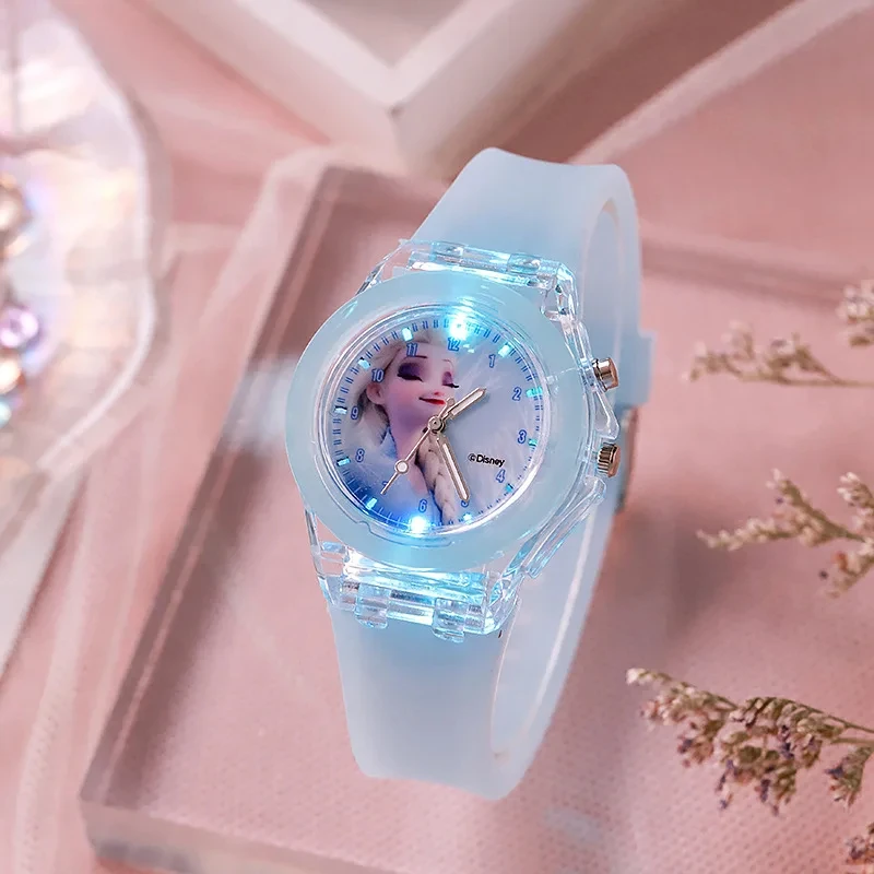 Disney Mickey Children Watches Girls Color Light Source Silicone Princess Elsa Kids Watch Boys Gift Wrist Clock