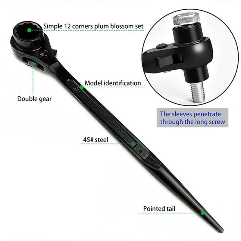 A23T 2pcs 14-17mm Ratchet Podger Spanner Double Ended Socket Ratcheting Scaffold Wrench Carbon Steel