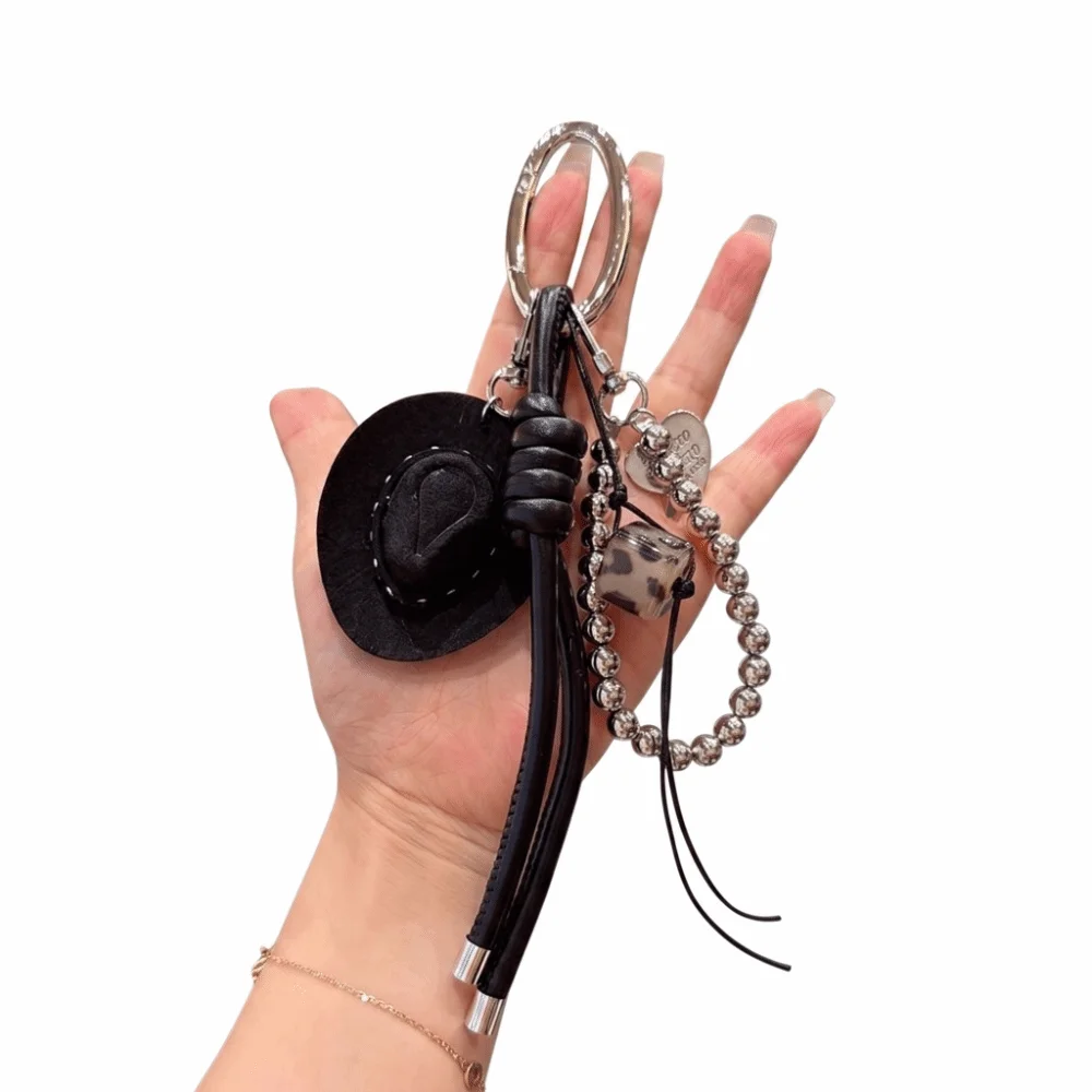 Handmade Braided Rope Cowboy Hat Keychain Leopard Print Braided Leather Cord Keychain Pendant Braided Leather