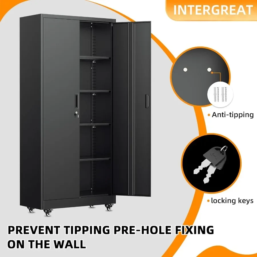 Rolling Storage Cabinet 73 Tall Lockable Tool Cabinet with Pegboard and Shelves HeavyDuty File Cabinet with Wheels for Garage B