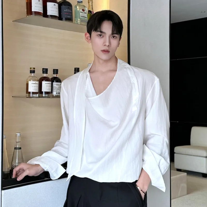 WVGA 2026 Spring New Men's Tide Pullover Trendy Linen Long Sleeve Shirt Niche Chic Casual Ribbons Vintage Tops Streetwear W19978