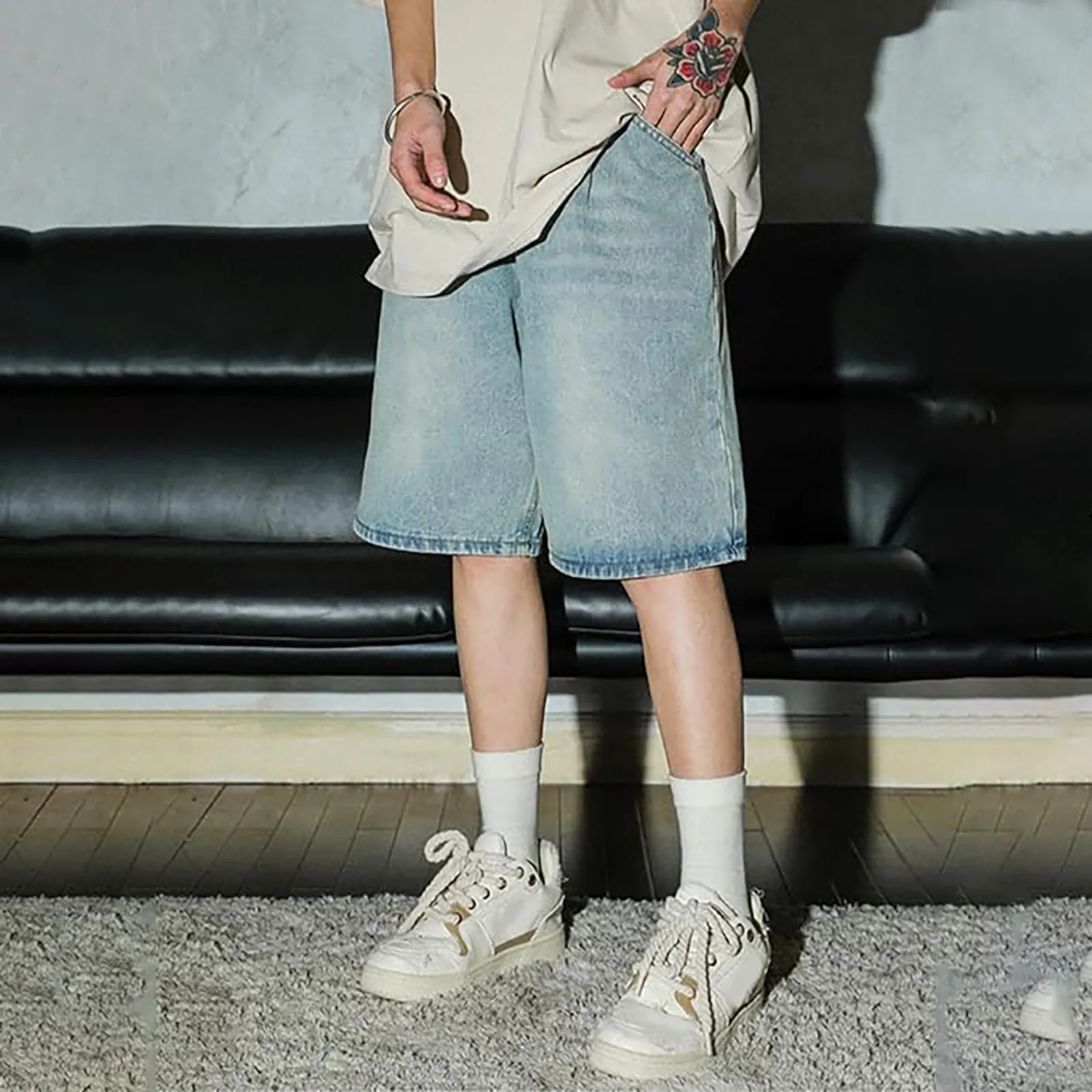 

Men Baggy Jeans Shorts Vintage Streetwear Washed Denim Shorts Hip Hop Button Blue Loose Shorts