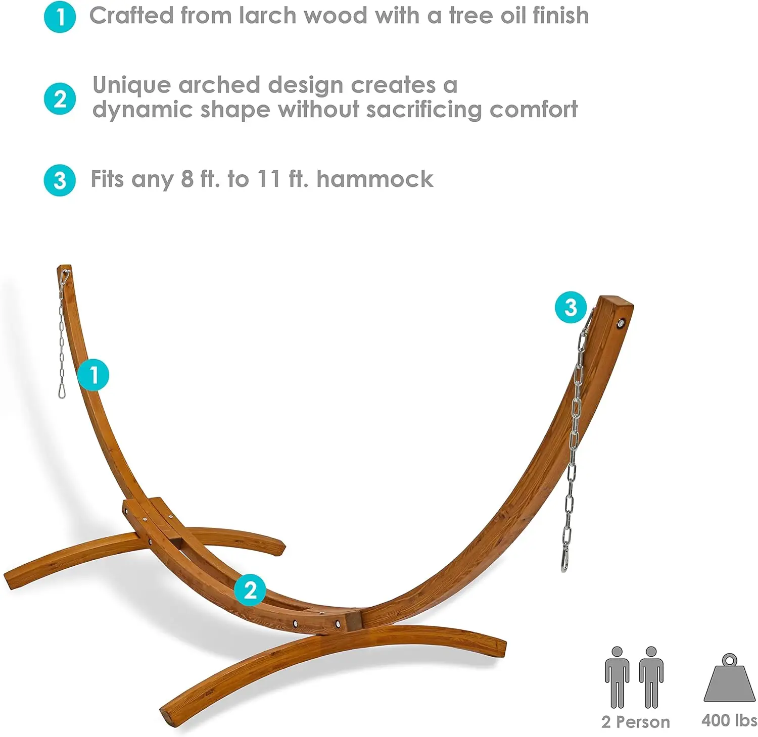 Hamaca de madera curvada de 12 pies, soporte de arco de madera para 2 personas, resistente, capacidad de 400 libras, color marrón