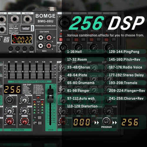 Imagen 2 del producto Mezclador de Audio BOMGE 256DSP de 4, 6 y 8 Canales, Mezclador de Sonido Bluetooth para DJ, Compatible con Entrada USB, MP3, BT y Computadora para Grabación y Transmisión en Estudio