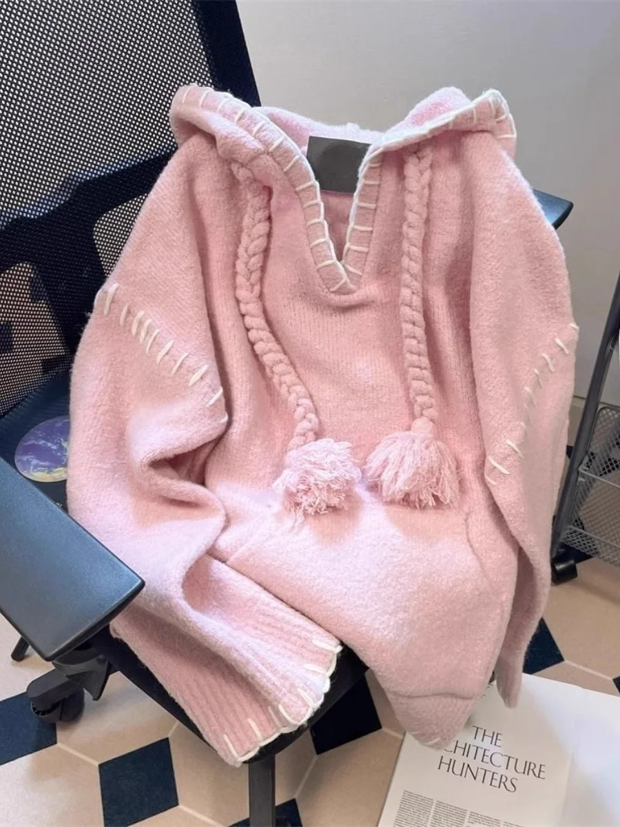 

plus Size Women's Pink Knitted Sweater V-Ne Soft Cozy Large 300 Pou Lazy Sle Fall Winter High End Feeling Trendy Top