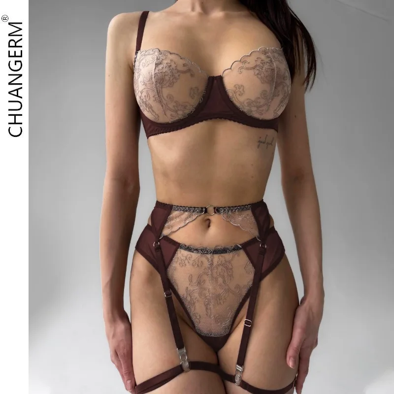 CHUANGERM Erotic Lingerie Set Woman 4 Pieces Sensual Embroidery Transparent Brief Sets Fancy Garters Luxury Lace Sexy Outfits