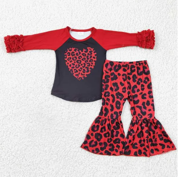 

Girls red leopard print love long-sleeved trousers suit Valentine's Day girls children's suit wholesale boutique clothing