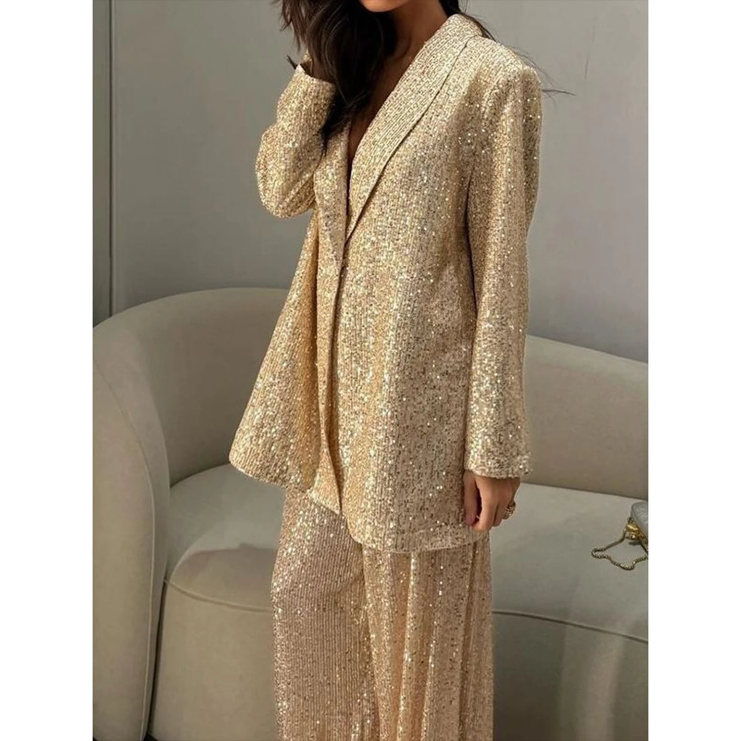 Allingentle Sequined Women's 2 Piece Set Suit One Button Blazer Cocktail Party Outfits Elegant Pantsuit Set Customize