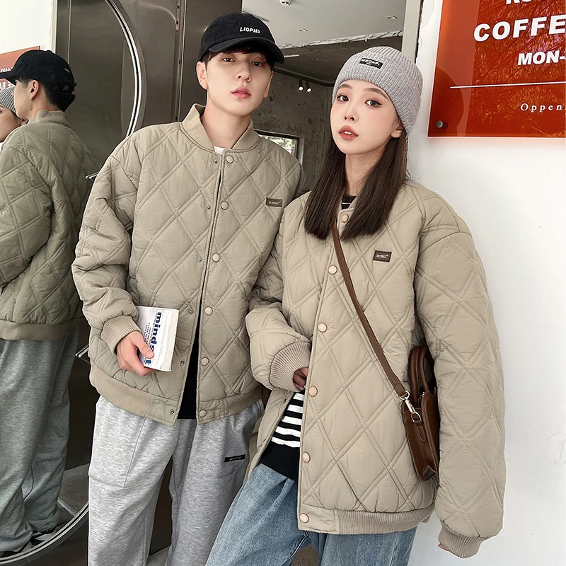 

Couples style parka women's winter jacket with front concealed buckle fashion simple diamond coat elegant stand collar jacket