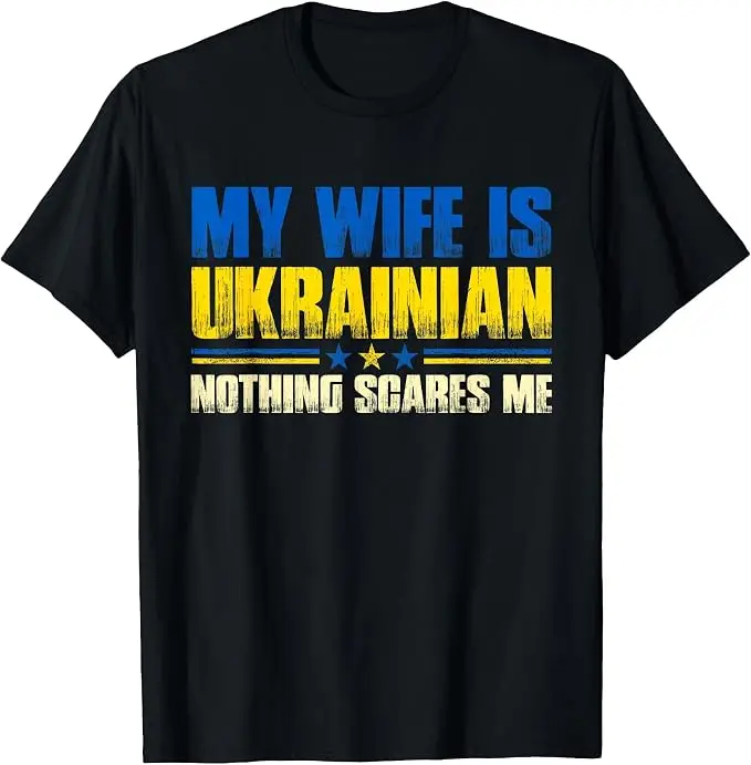 T-Shirt mit Aufdruck „Meine Frau ist Ukrainerin – Nichts macht mir Angst“ – Ukraina-Stolz-Flagge Y2K-Buchstaben Grafik-Slogan-T-Shirt – Herrenmode-Kleidung – Detail 11