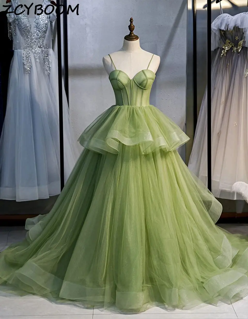 Robe De soirée trapèze longue pour femmes, tenue De bal, De Gala, en Tulle, à bretelles Spaghetti, verte, pour remise De diplôme, 2023