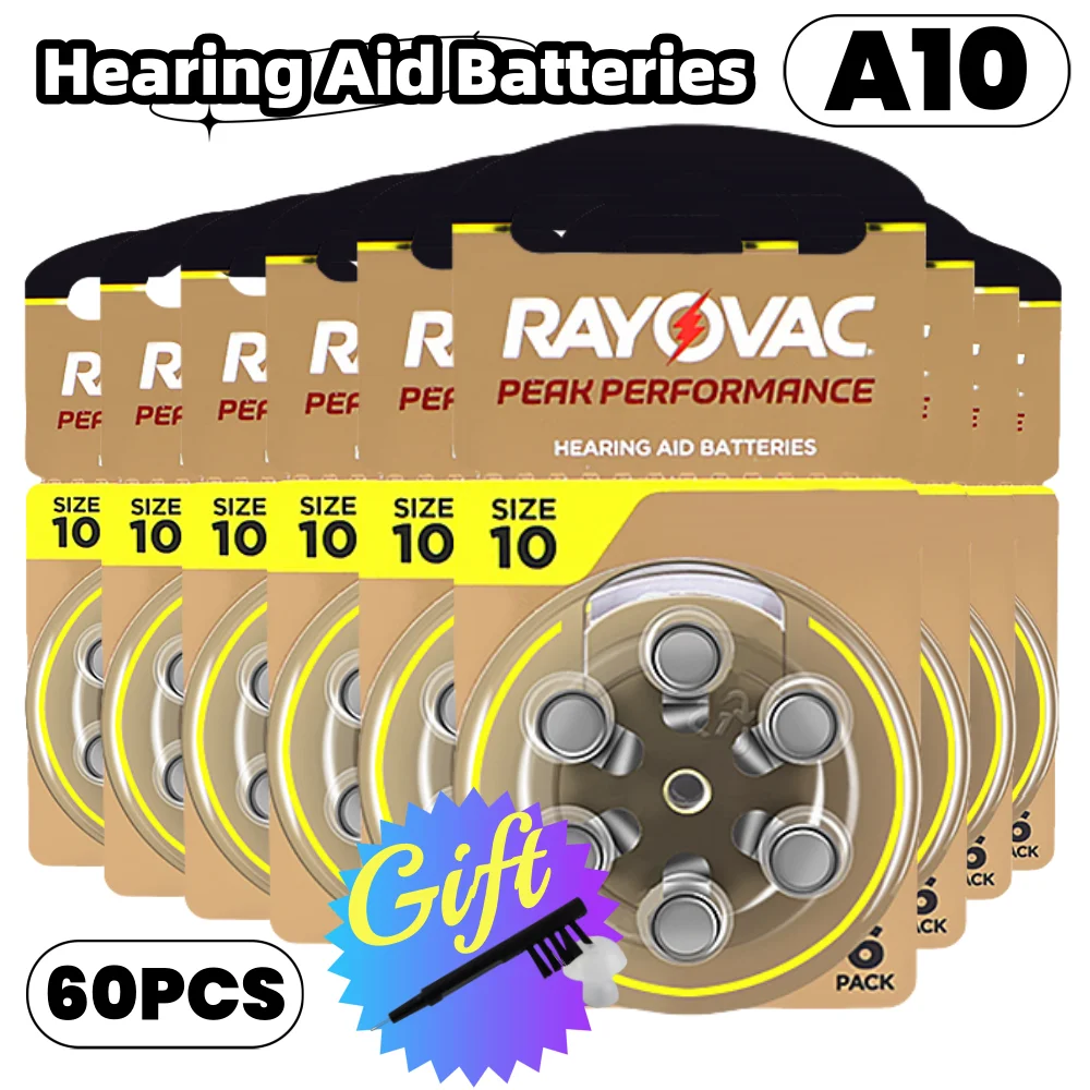 60Pcs/10 Cards RAYOVAC PEAK Hearing Aid Batteries  A10 ZA10 10A P10 PR70 High Performance Zinc Air Battery For Hearing Aids