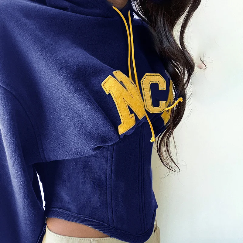 Fashion Letter Print Hoodie Women Casual Long Sleeve Hooded Back Bandage Sweatshirts Fishbone 2022 Fall Winter y2k Tops Cotton