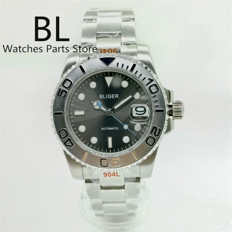 BLIGER 40mm NH35 Watch For Men Silver Insert Sunburst Gray Dial Blue Second Hand Sapphire Glass Steel Bracelet Waterproof Date